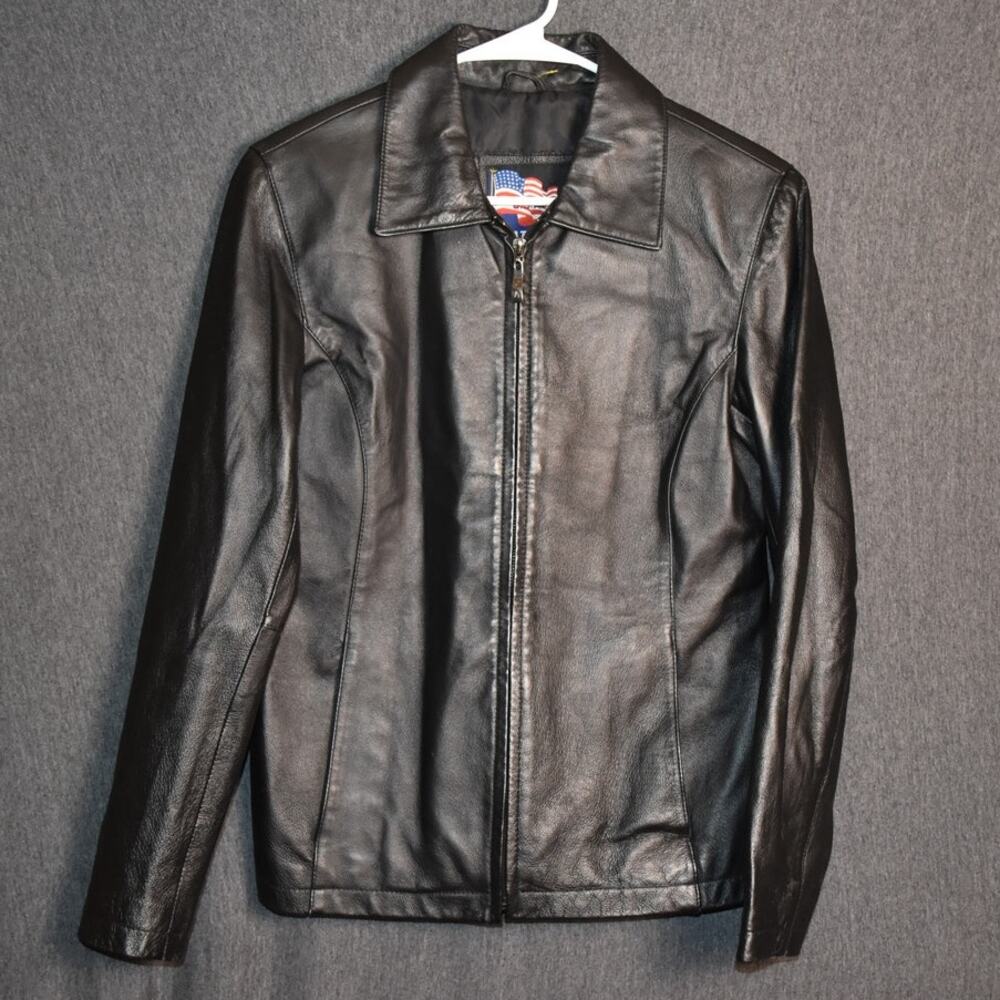 USA Leather Women's Medium Black Casual Collared Full Zip Genuine Leather Jacket